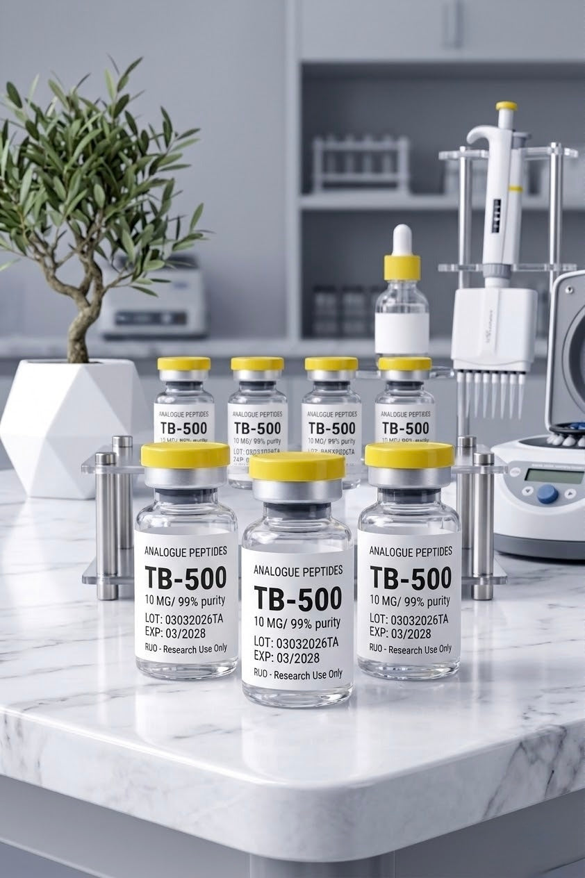 Close-up of the high-purity lyophilized TB-500 10mg powder from Analogue Peptides.