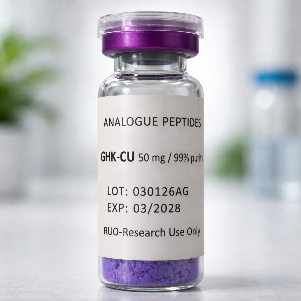 A 50mg vial of pure GHK-Cu copper peptide powder for skincare and research.