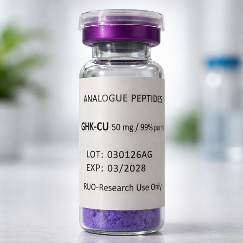 A 50mg vial of pure GHK-Cu copper peptide powder for skincare and research.