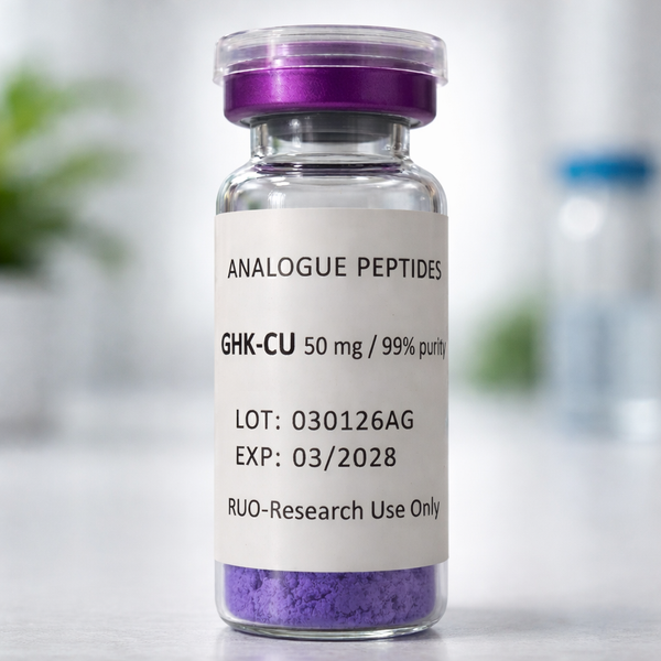 A 50mg vial of pure GHK-Cu copper peptide powder for skincare and research.