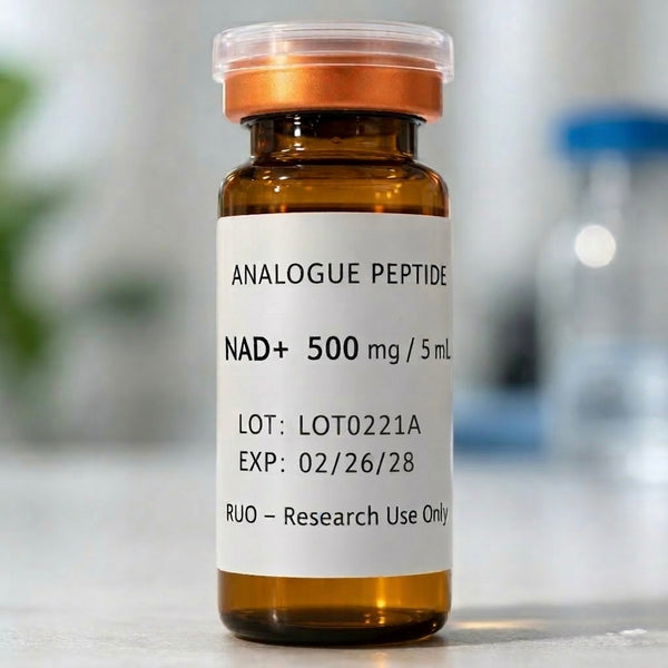 Bottle of NAD+ 500mg supplement by Analogue Peptides for cellular energy and anti-aging support.