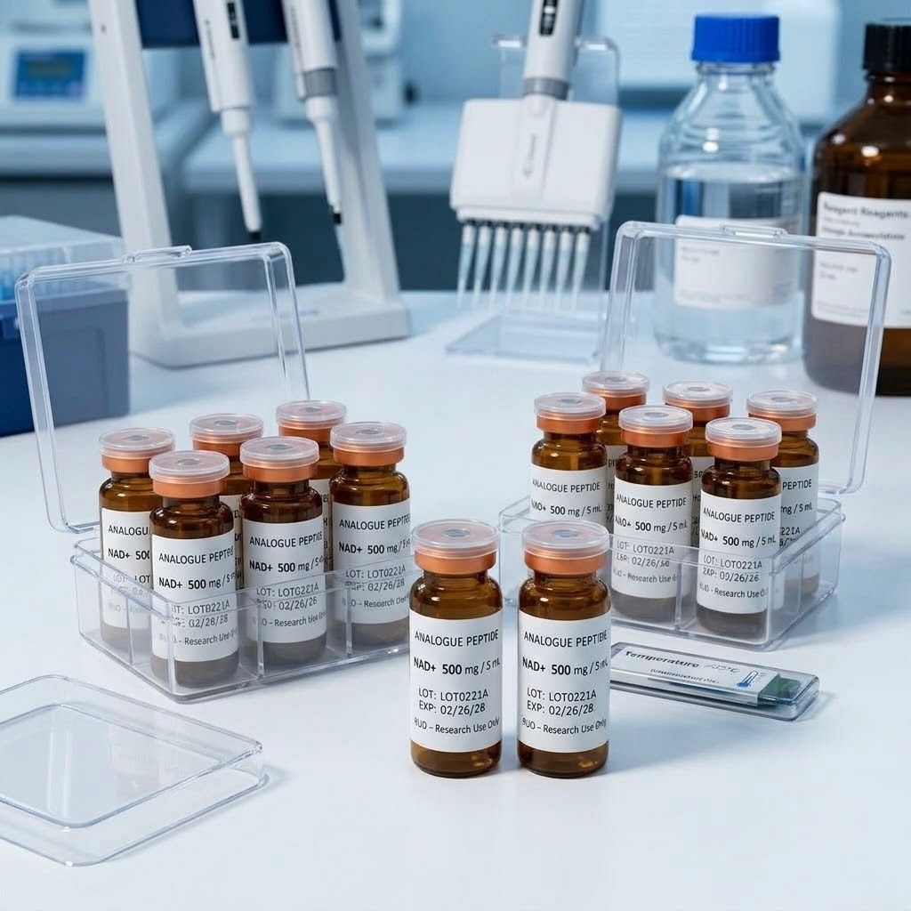 Ten amber glass vials of Premium NAD+ Analogue Peptide (500mg/5mL, RUO) in clear lab containers, with professional pipette systems and chemical reagents in a modern laboratory background.